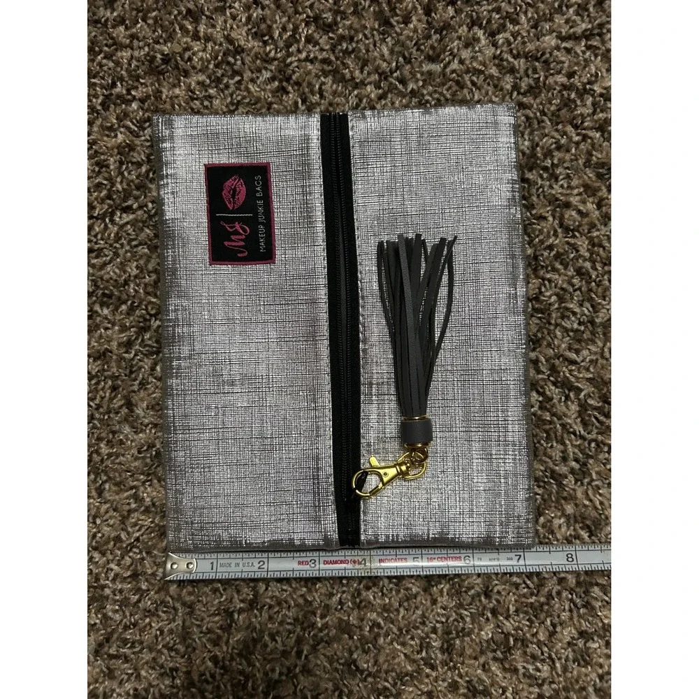 Makeup Junkie Bag Metallic Silver Textured Tassel Pouch Cosmetic Travel Clutch